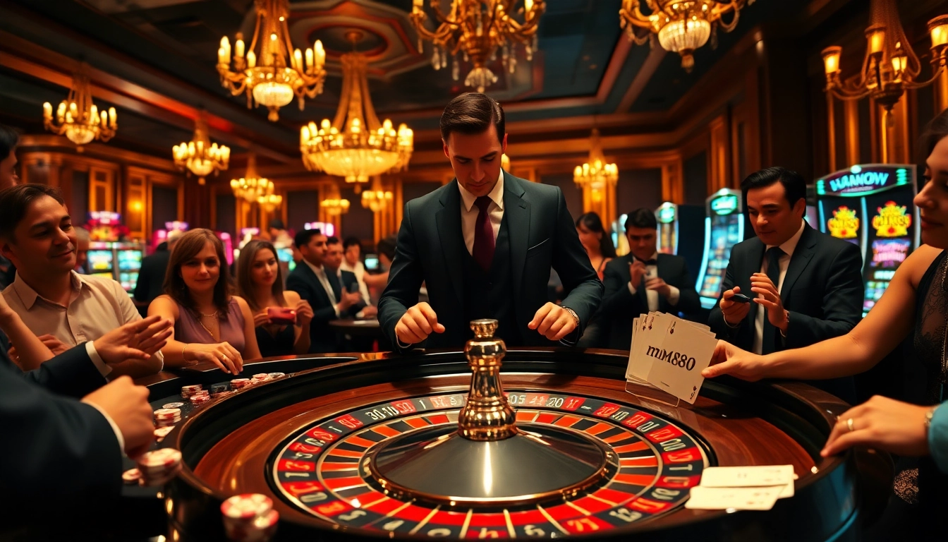 Experience the thrill of the mm88 link at a bustling roulette table in a luxurious casino environment.