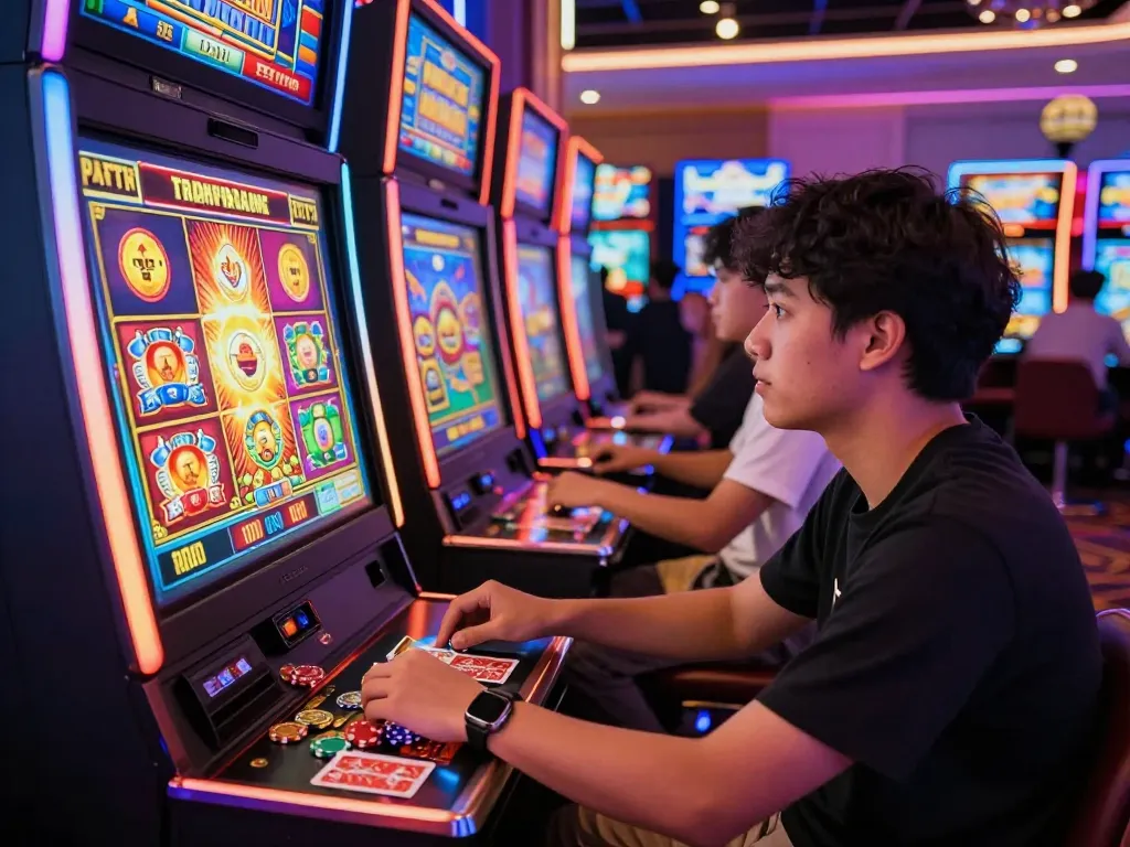 Pemain merasakan kegembiraan di situs slot gacor, dikelilingi oleh suasana kasino yang hidup dan grafik mesin slot.