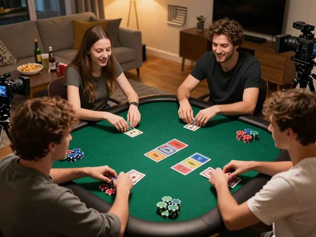 Players enjoy a vibrant poker game at home while using f8betlv, showcasing a lively social gambling atmosphere.