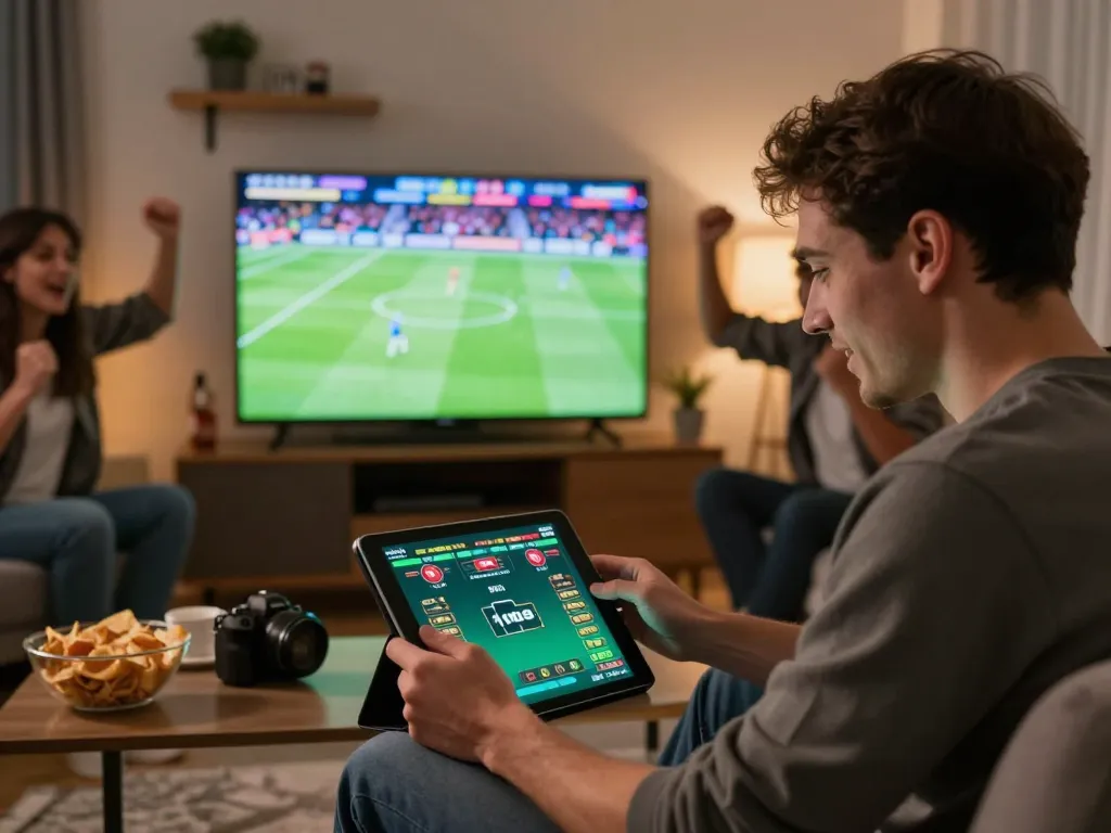 Engaged in sports betting on tablet, enjoying interactive gambling experience with friends at home.