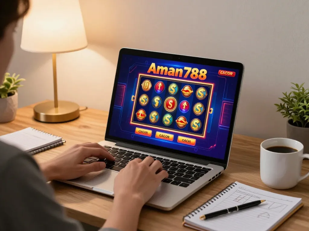 Bermain aman788 slot gacor permainan online di rumah dengan laptop dan catatan strategi.