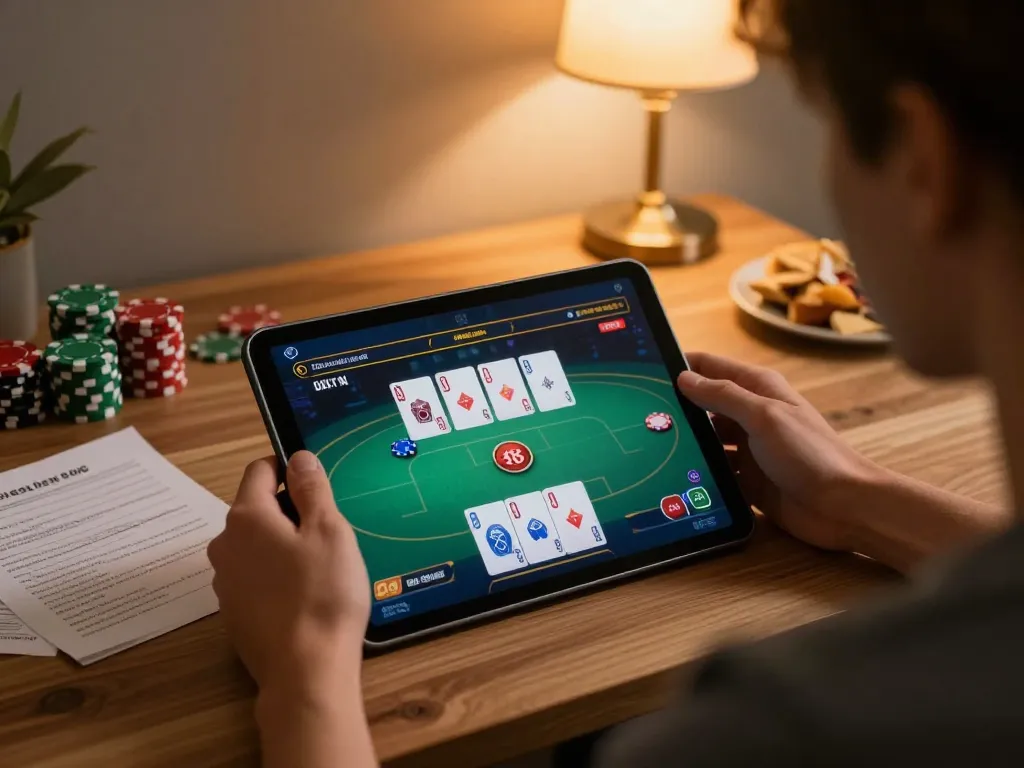 Engaging with the Sun win online casino on a tablet in a cozy home setup filled with strategic notes.