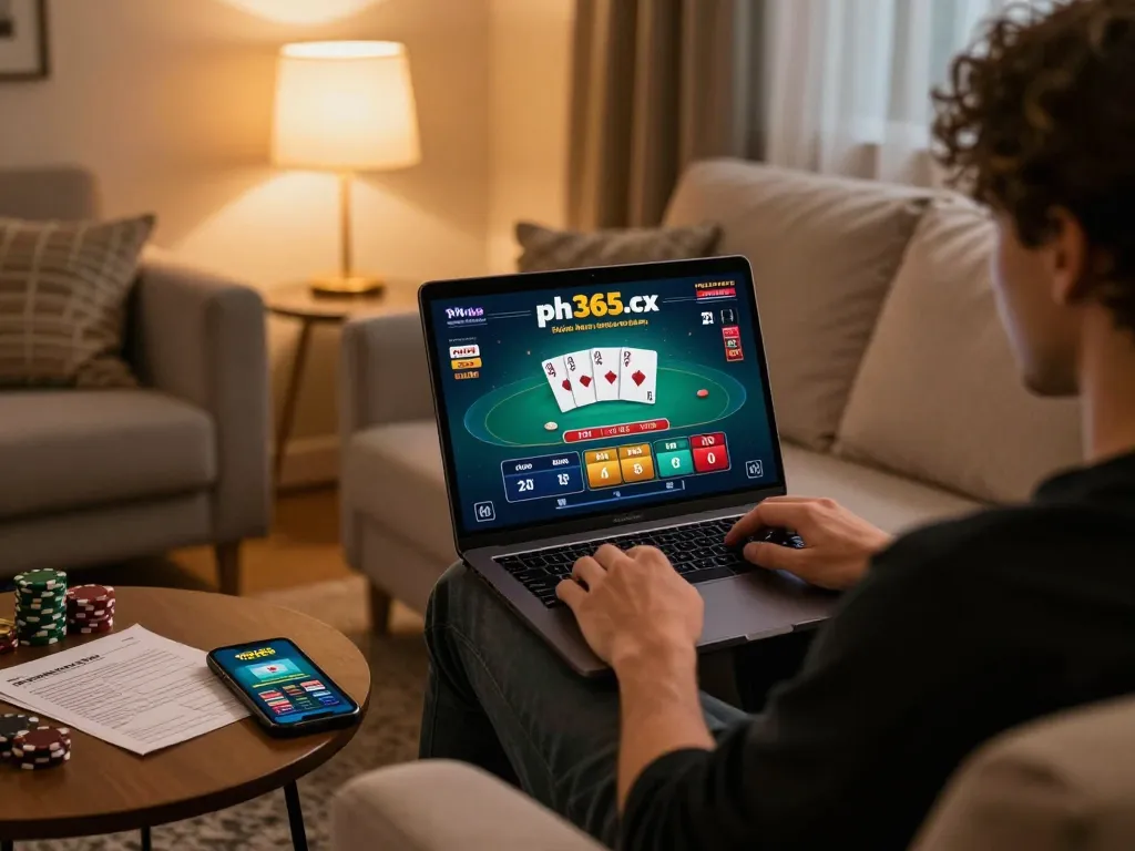 Player engaging with ph365.cx online casino on laptop in cozy home setting, showcasing responsible gaming.
