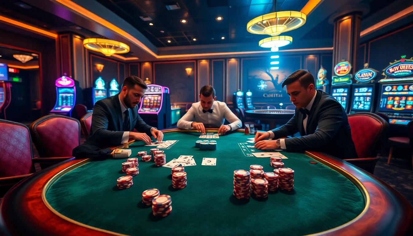 A high-stakes poker game at U888 with colorful chips and intense players in a luxurious casino setting.