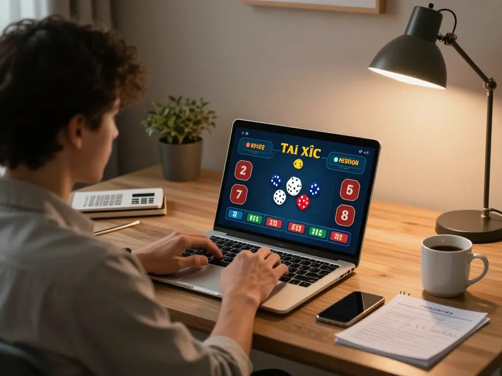 Tài xỉu online gameplay showing dice roll on laptop screen with player engagement in a cozy setting