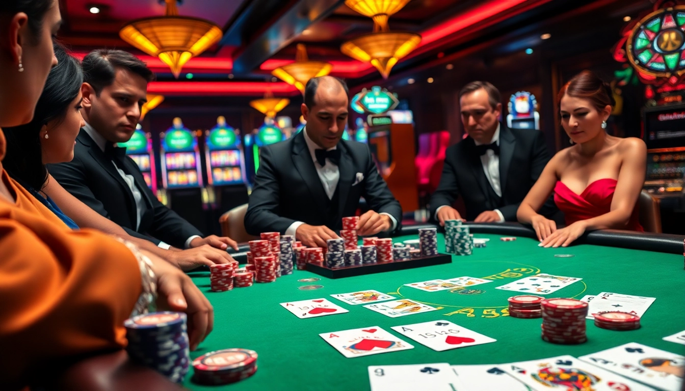 Engaged players at a blackjack table exploring strategies at https://www.ok8386a.org/ with vibrant casino elements.