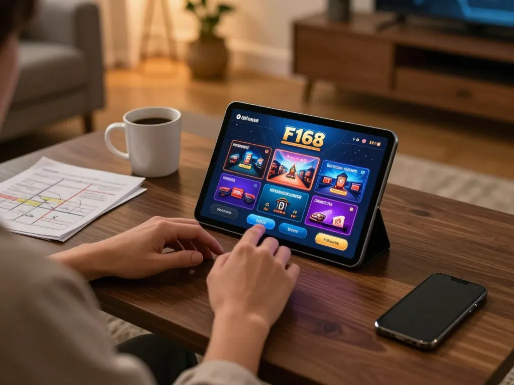 Person using F168 app on tablet for online gaming in cozy home setup