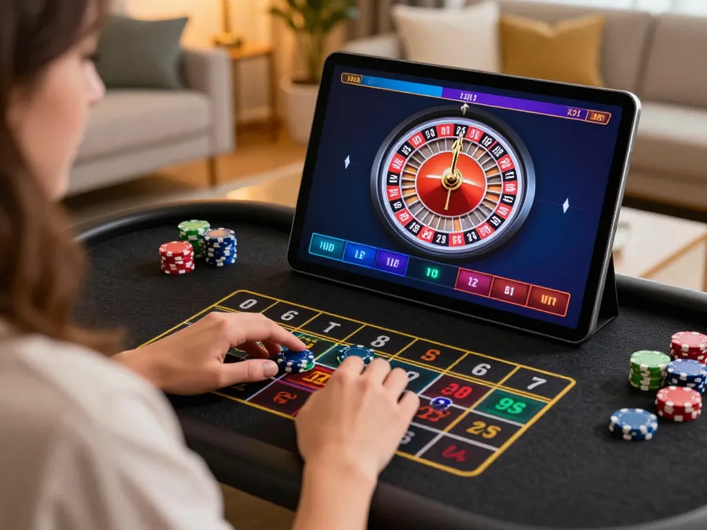 Engaging in a live dealer game on vaobet with vibrant roulette wheel and warm home atmosphere