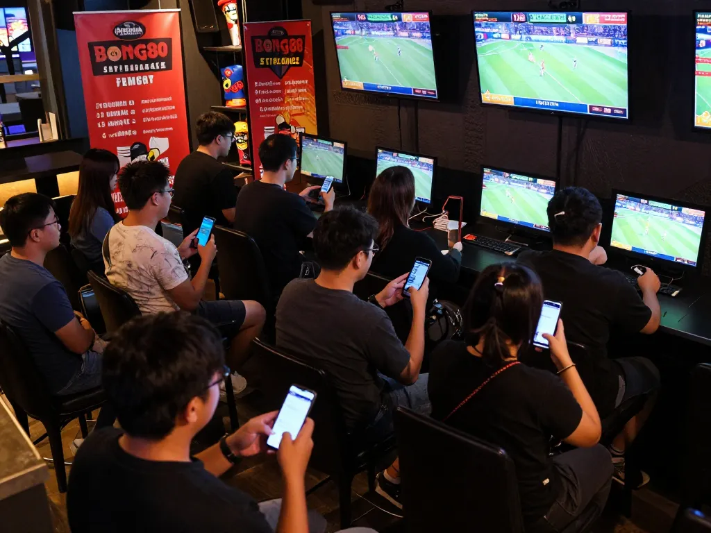 Bong88 app users engaging in live sports betting at a vibrant sports bar with screens showing odds.