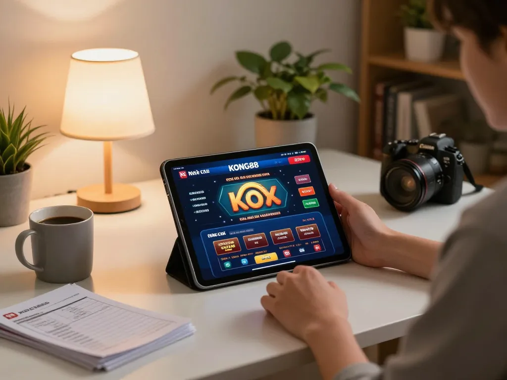 Player enjoying online gaming at Nhà cái KONG88, engaging with casino app on tablet in cozy home setting.
