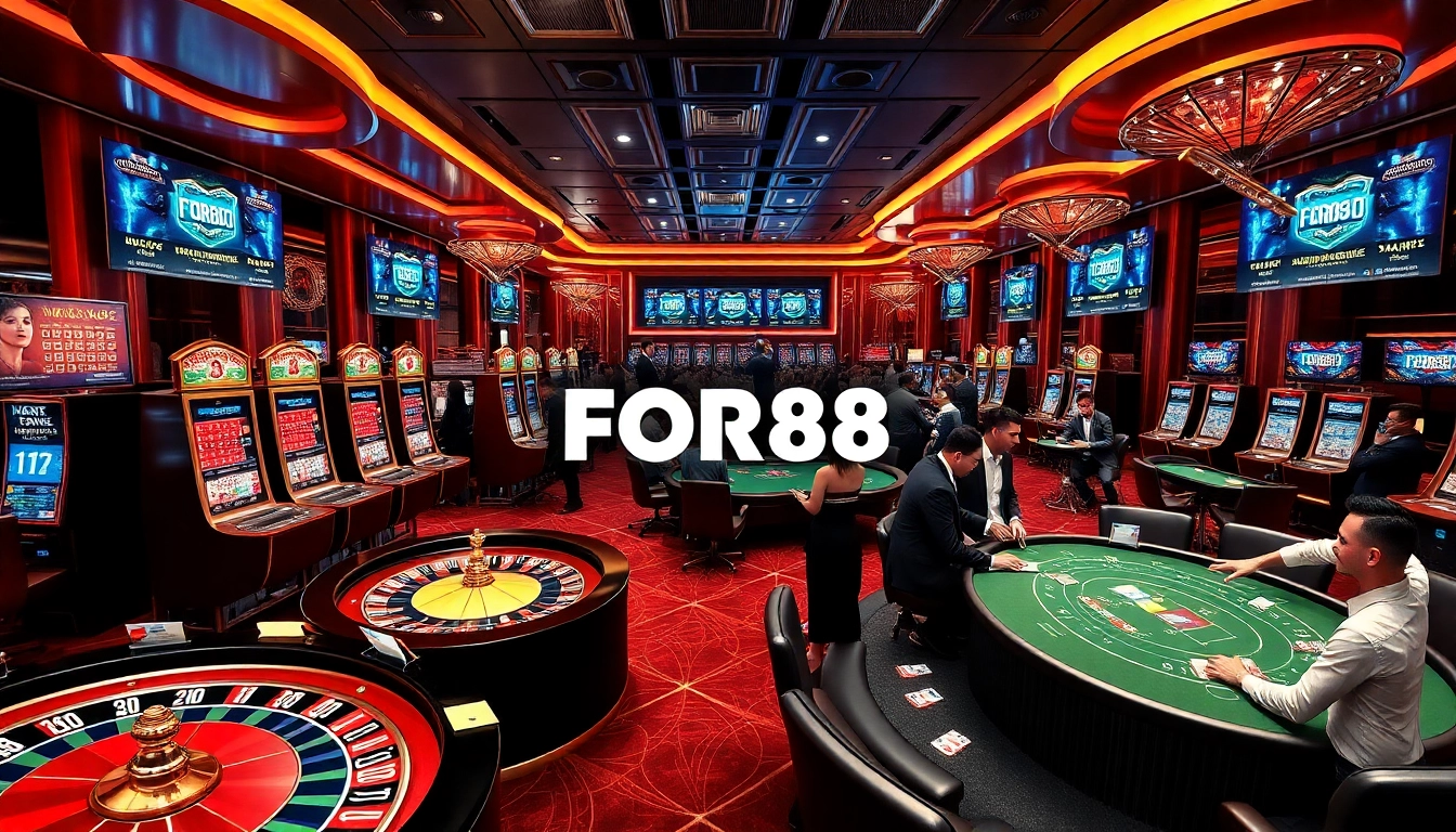 Engaging players in a lively casino scene at FOR88 vn featuring slot machines and live dealer games.