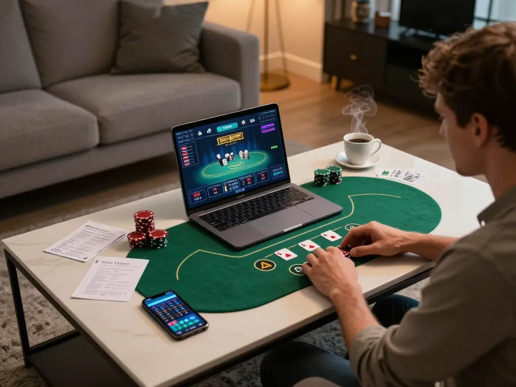 Engaging mm88 online poker session in a cozy living room setup with betting notes.