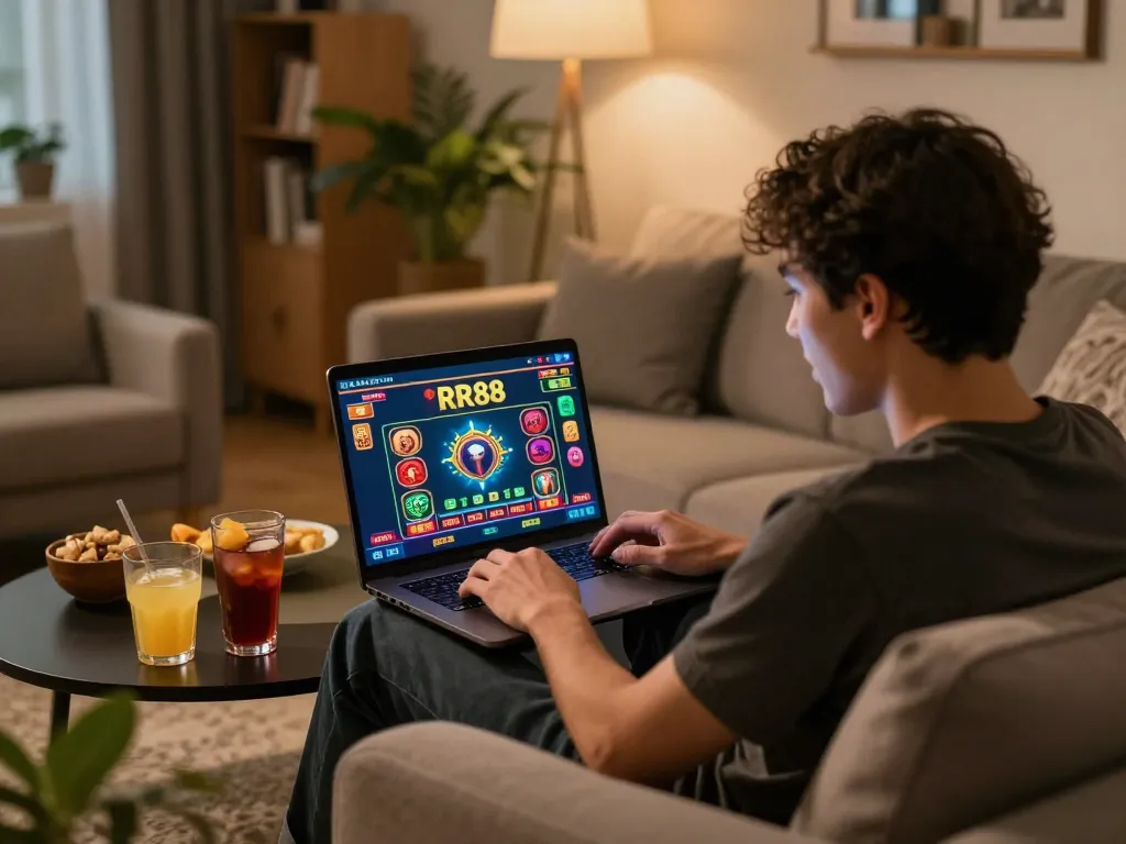 Player enjoying RR88 online casino gaming at home with laptop and snacks