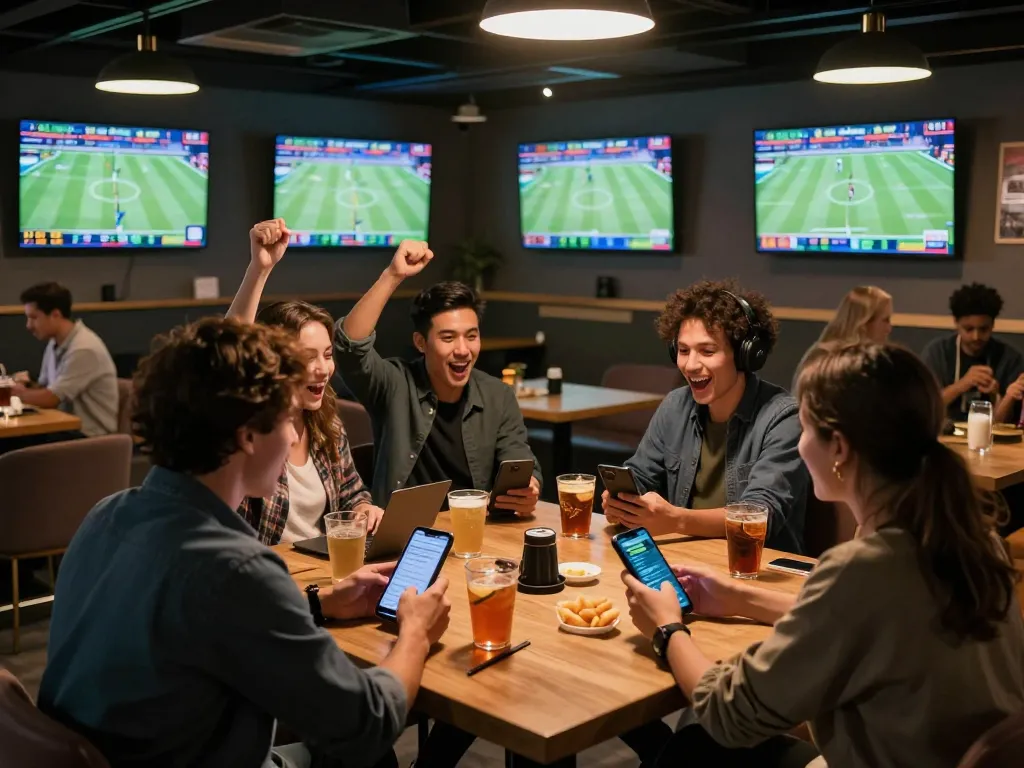 Watch as users engage with Nhà Cái OKFUN while enjoying live sports betting excitement in a vibrant lounge.