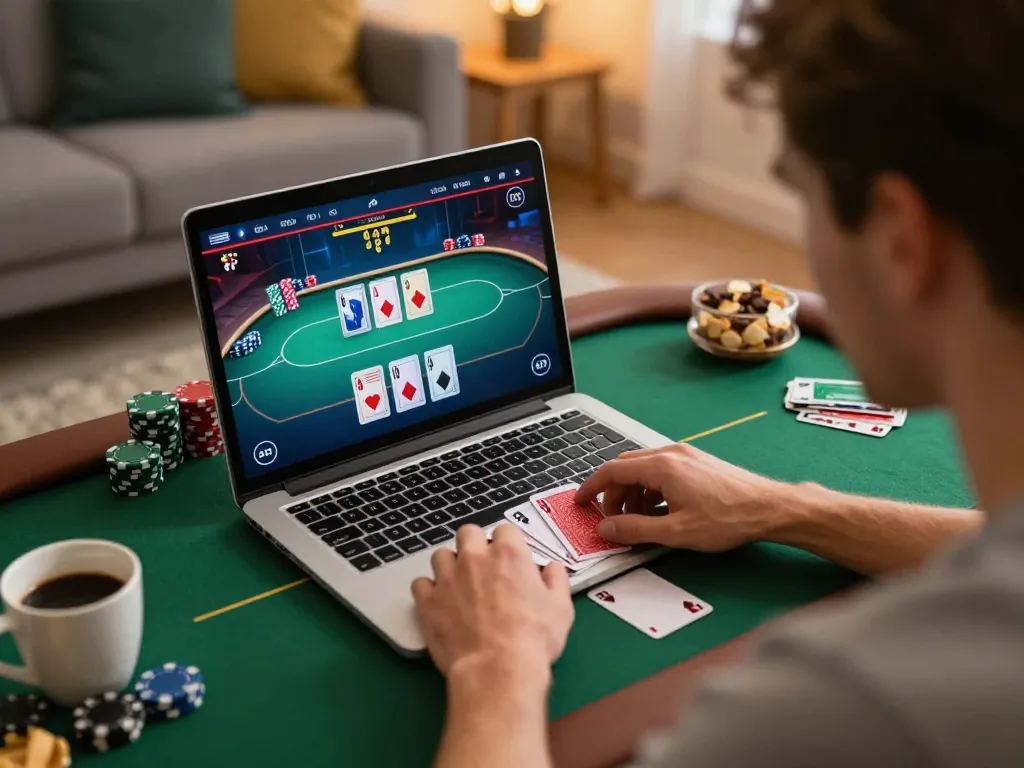 Player strategies in an online Iwin poker game setup with laptop, cards, and cozy home atmosphere.