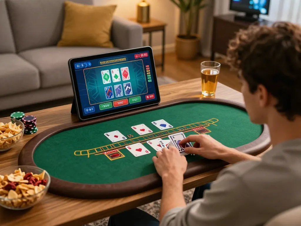 Playing phtaya live dealer blackjack game on a tablet in a cozy home setting