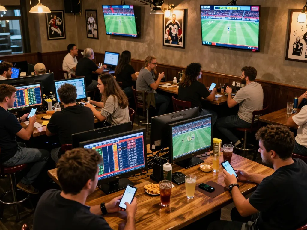 Exciting atmosphere at Canadian online casinos with friends placing live sports bets.