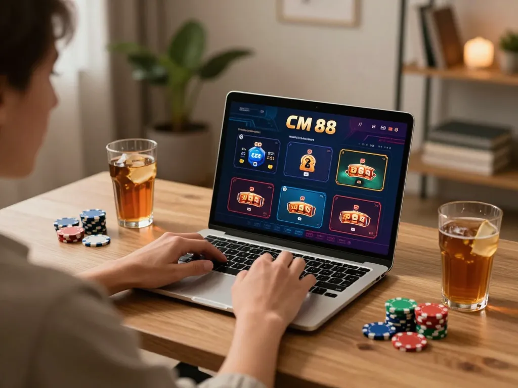 Person engaging with CM 88 online casino on a laptop, surrounded by gaming accessories and warm decor.