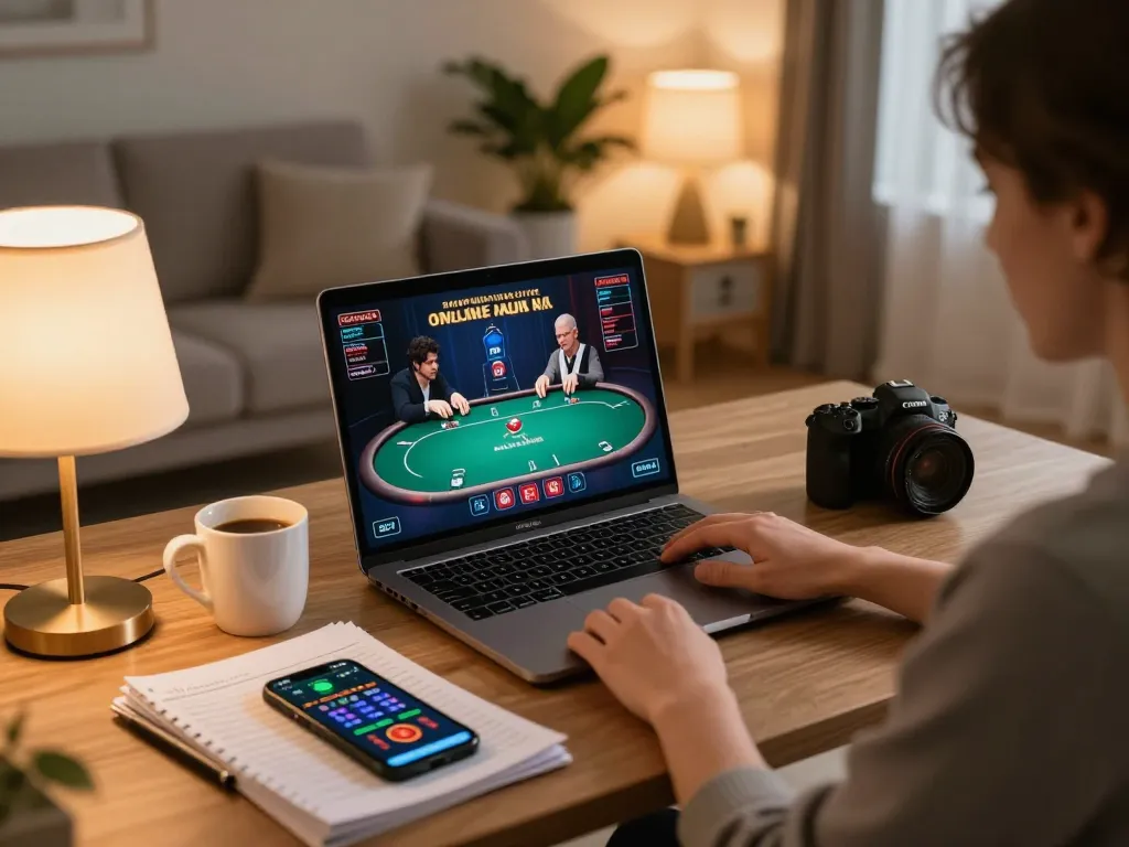 Person playing poker on laptop with SC88 casino app in a cozy home setup.