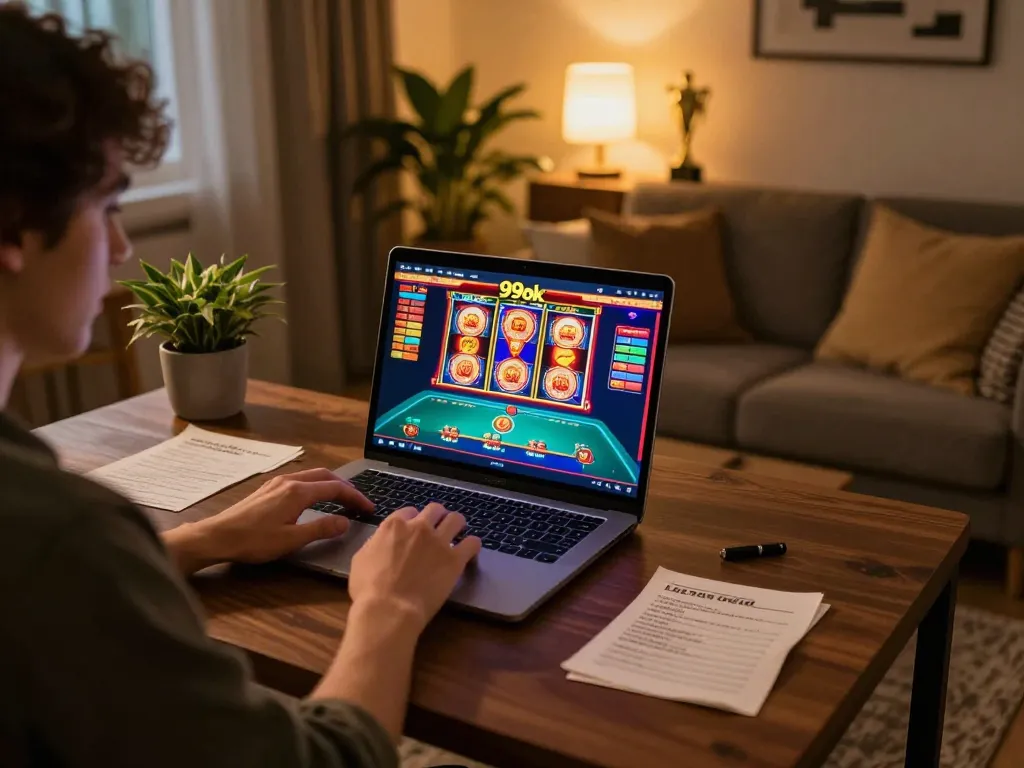 Person engages with the 99ok online casino on a laptop, showcasing a lively gaming atmosphere.