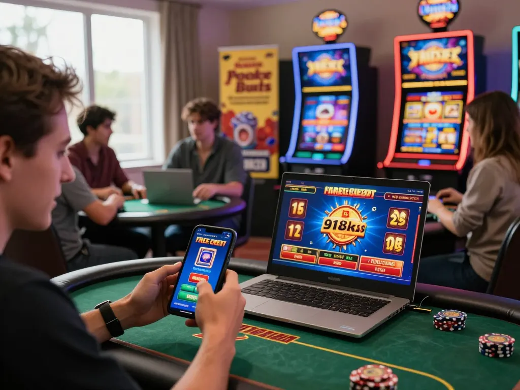 Excited player engaging with free credit 918kiss promotions online, showcasing a vibrant gambling atmosphere.