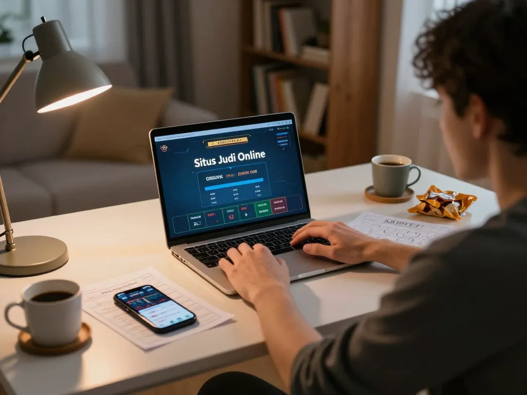 Berkecimpung dalam Situs Judi Online dengan laptop dan catatan strategi di lingkungan rumah yang nyaman.