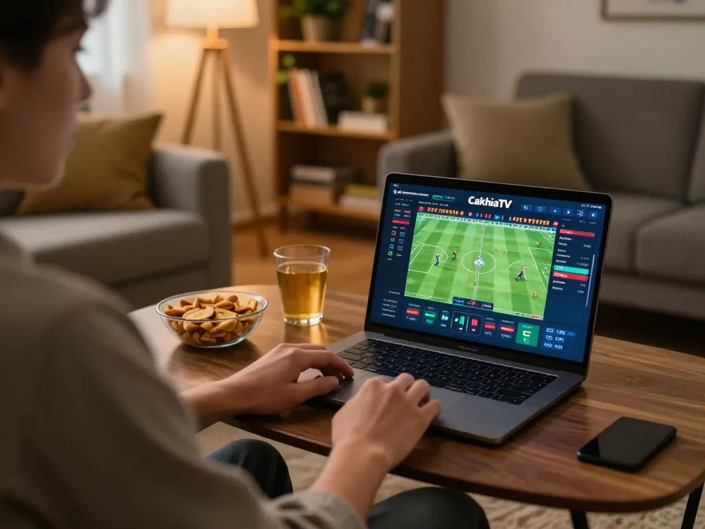 Trực tiếp bóng đá CakhiaTV on a laptop in a cozy home setting, showcasing online sports betting excitement with comfort.