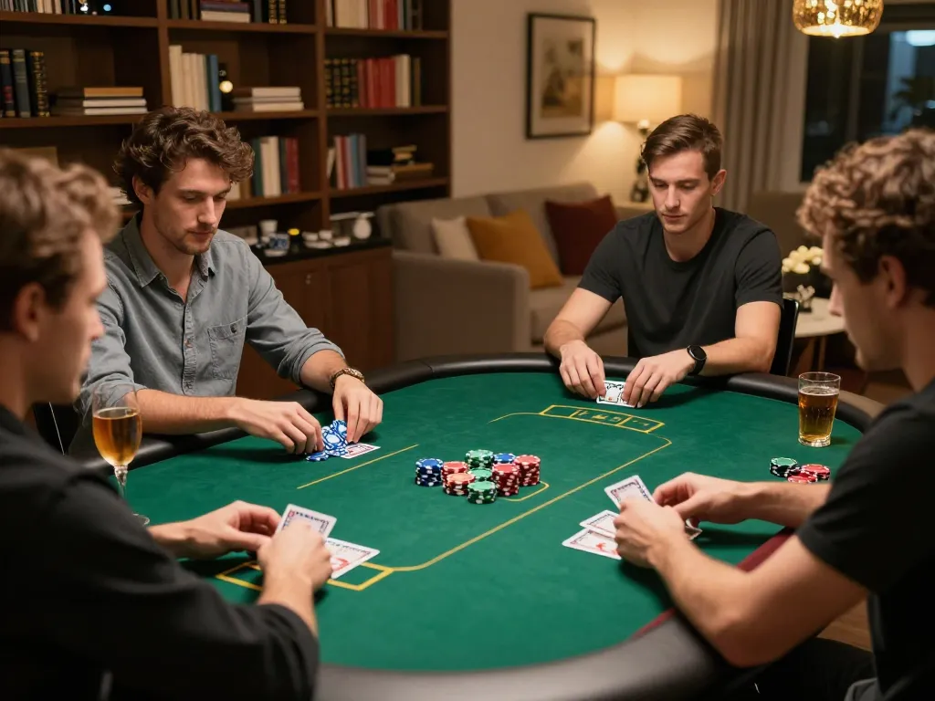 Enjoy exciting gameplay at a malaysia online casino with friends during a poker night in a cozy home setting.