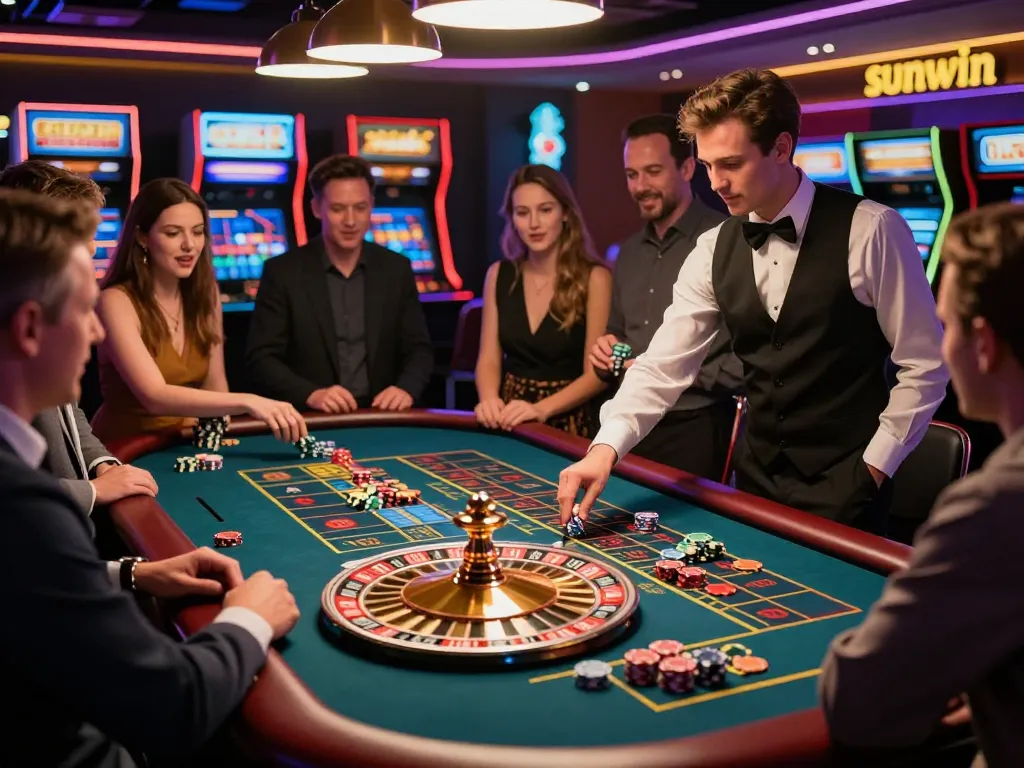 Players placing bets at a vibrant roulette table at sunwin casino.