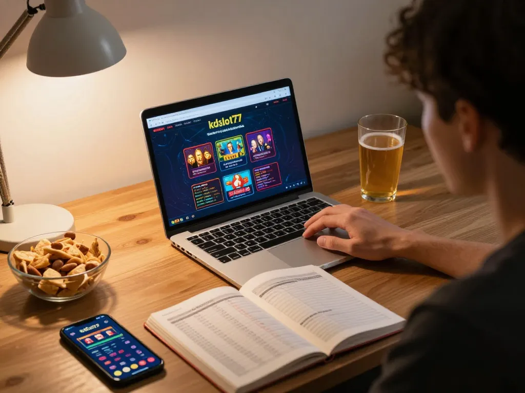 Player enjoying kdslot77 online casino game at home with strategic planning.