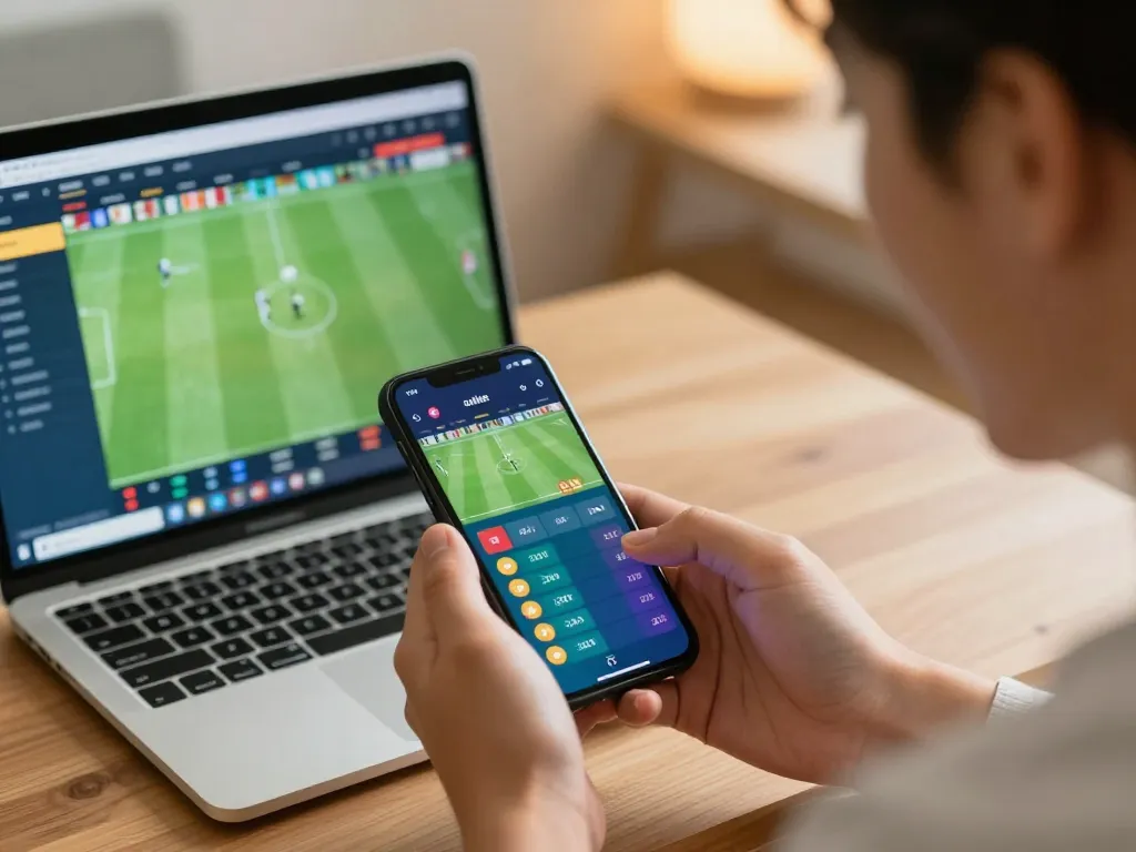 KÈO TRỰC TUYẾN with an excited user placing bets on a smartphone app in a cozy living room