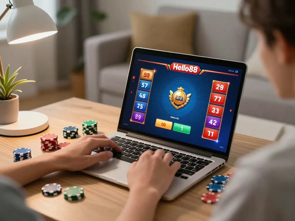 Hello88 online player engaged in strategic gameplay at home with colorful game interface.