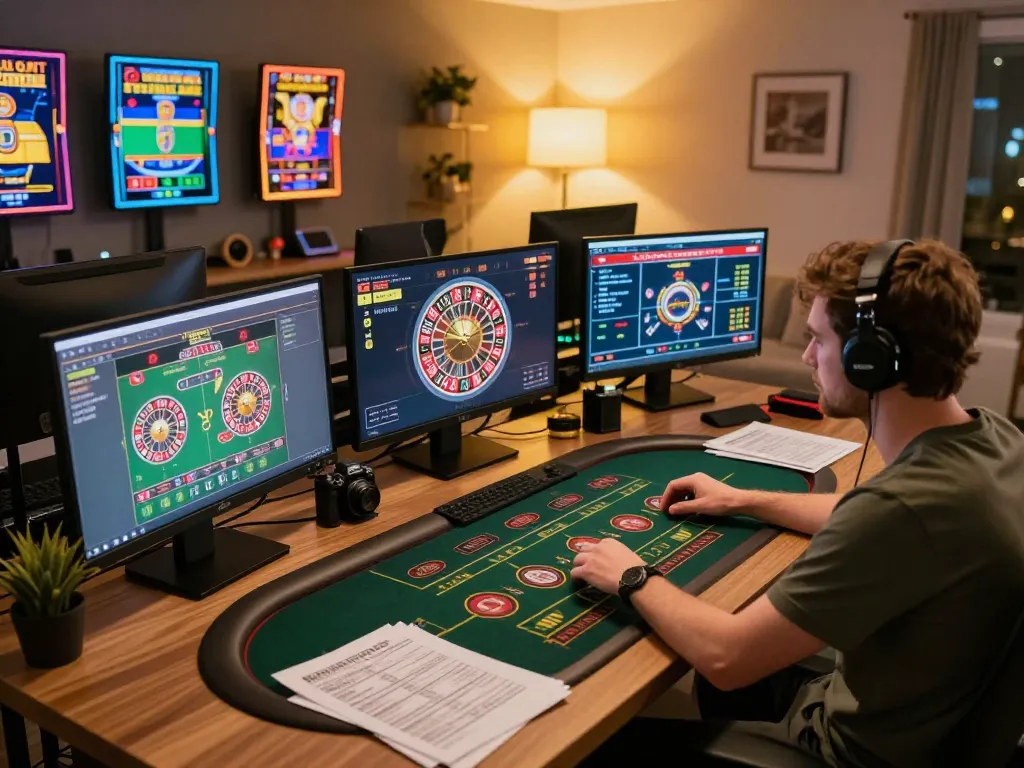Engaging in strategic online gaming with 789winf setup, multiple screens showcasing casino games