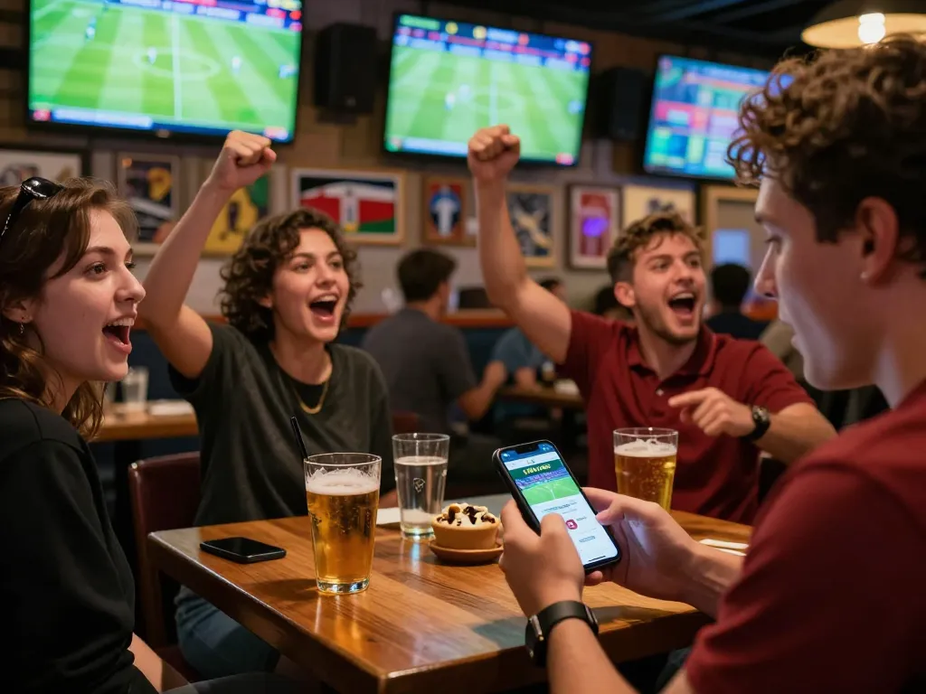 Tỷ Lệ Bóng Đá action as sports fans place bets while watching a game in a lively sports bar.