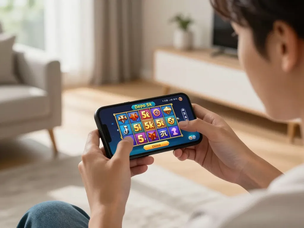 Engaging gameplay on slot depo 5k app, mobile gaming experience in a cozy home setting.