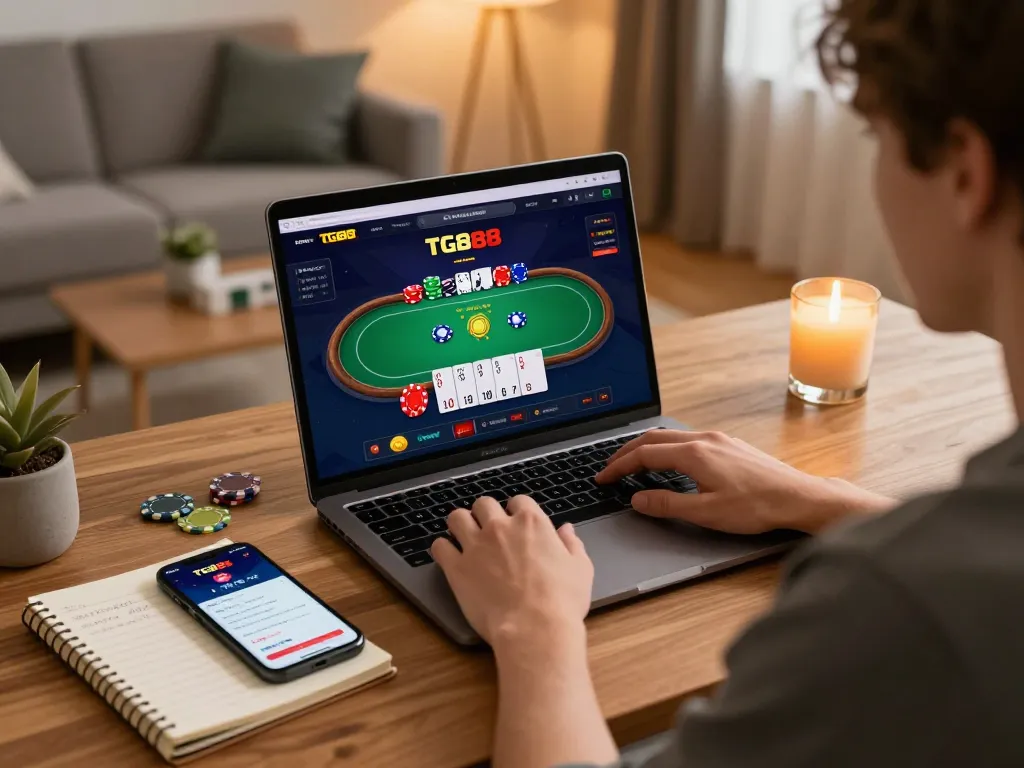 Engaged player using the TG88 platform on a laptop for online gambling with betting strategies visible.