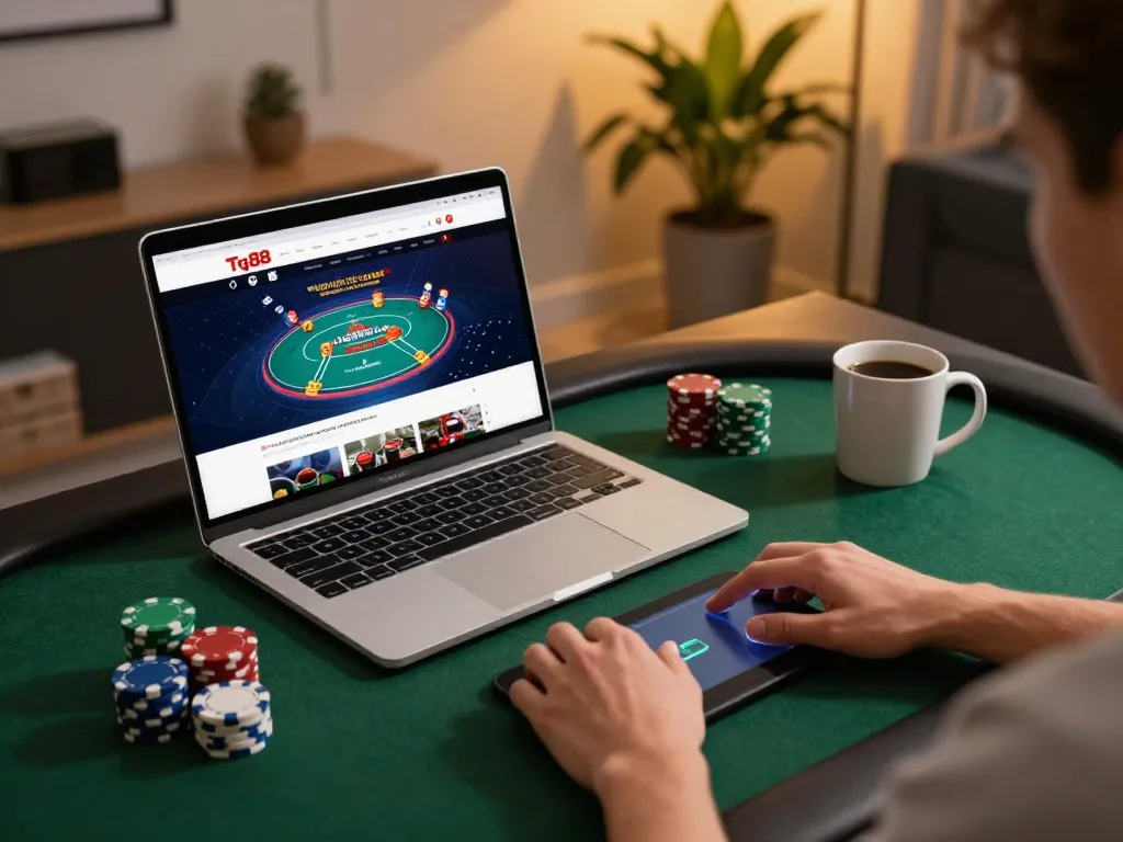 Tg88 online casino player engaging with poker game on a sleek laptop in cozy home setting.