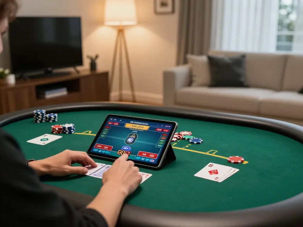 Nk88 chính thức online gaming experience with vibrant poker game displayed on tablet in cozy home