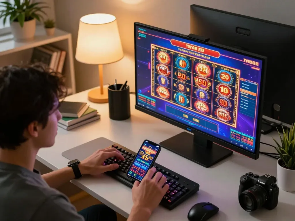 Engaging with TR88 online casino gaming on multiple screens while managing bets and strategies.