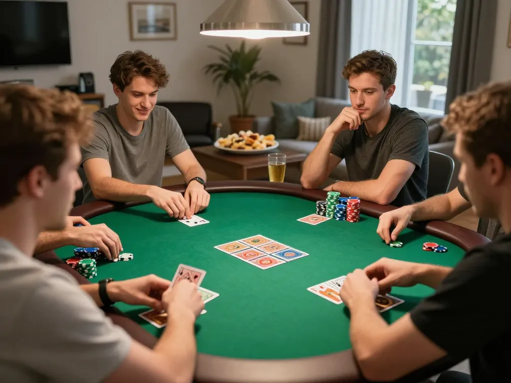 Players enjoying a lively poker game at home, showcasing concentration and excitement, while the keyword m115 subtly enhances the competitive atmosphere.