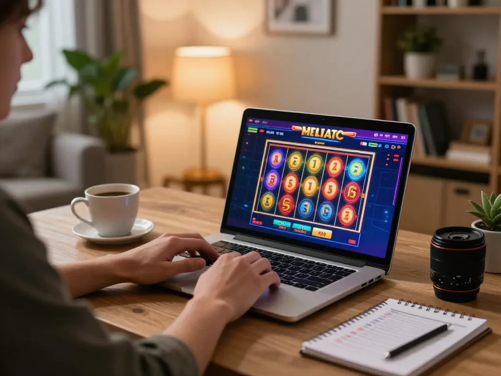 Engaging in slot online gaming, a player spins vibrant reels on a laptop amidst cozy home decor.