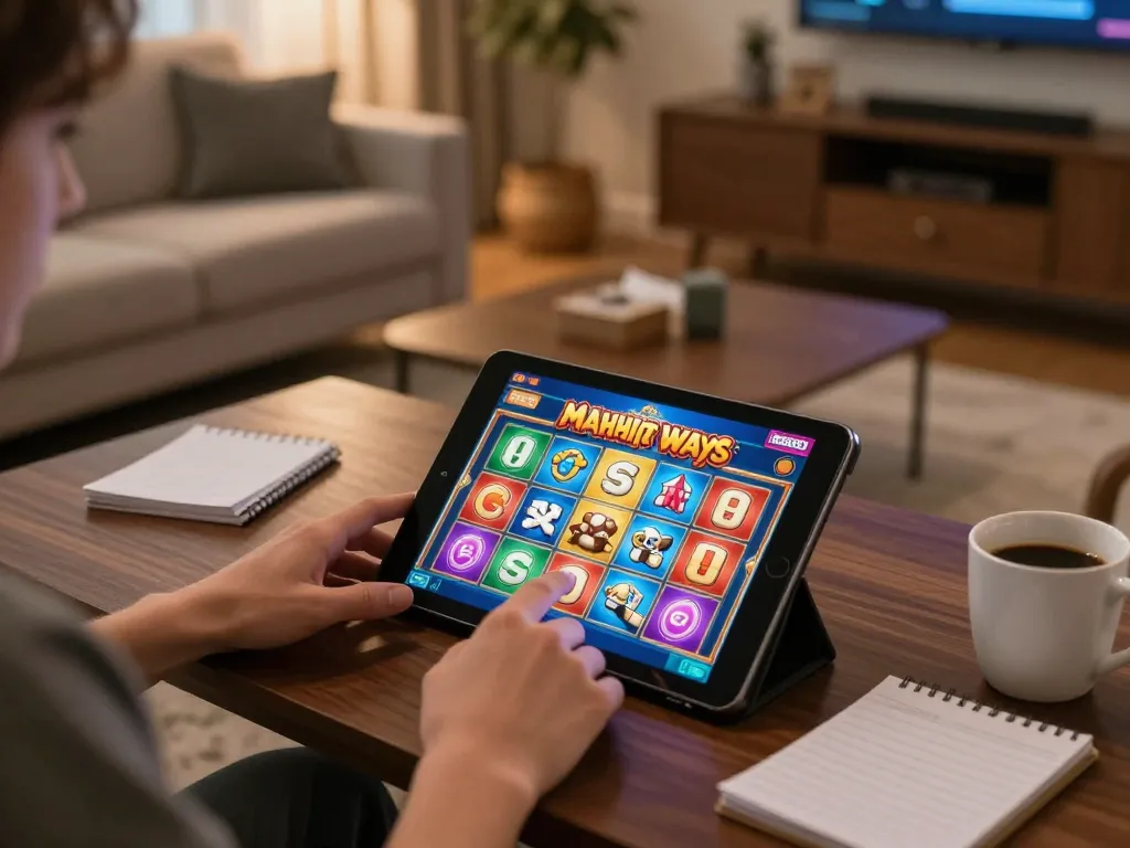 Player enjoying Mahjong Ways on Tempo123 tablet in cozy living room setup