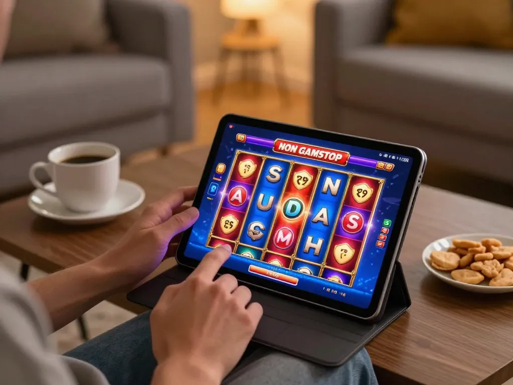 Engaging gameplay on a non Gamstop casino tablet interface in a cozy home setting.