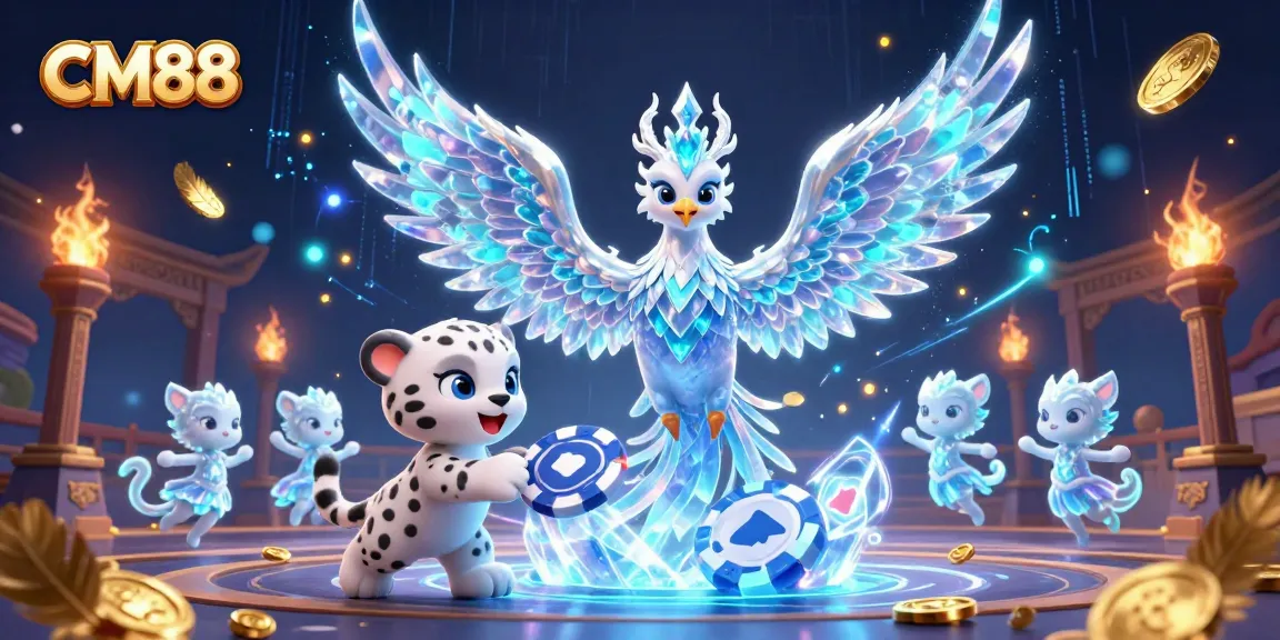CM88 engages players with a vibrant scene featuring ice phoenix and glowing sprites in a dynamic casino setting.