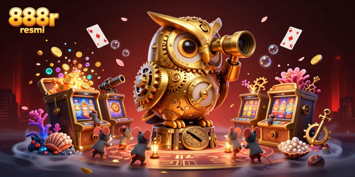 Engage in vibrant gaming atmosphere at 888r resmi with an owl scanning a lively casino scene and animating treasures.