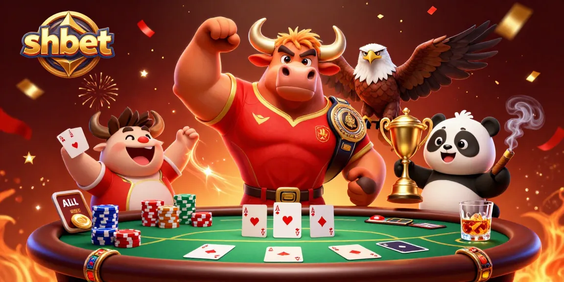 Engage with shbet as a muscular bull, eagle, and panda celebrate casino victories.
