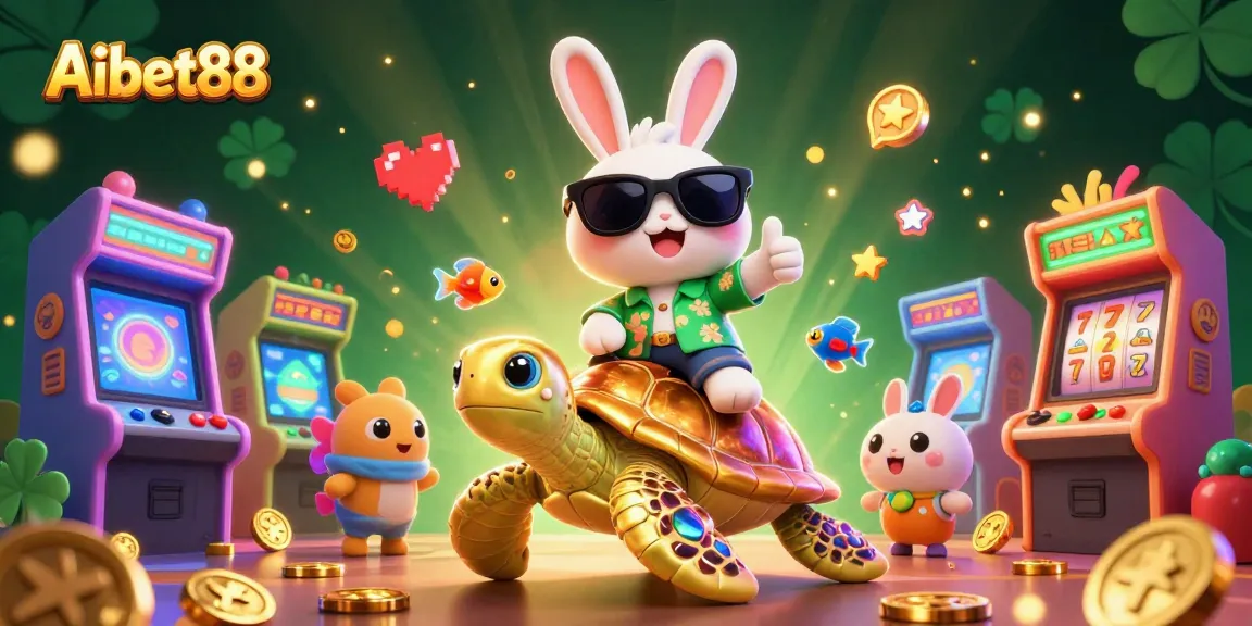 Engage with Aibet88's vibrant 3D casino scene featuring a lucky rabbit and golden turtle amidst arcade games and vibrant winnings.