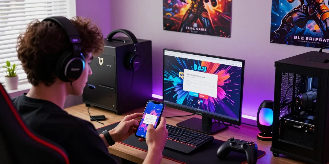 Raja Game login interface displayed on a laptop and smartphone, surrounded by gaming accessories in a vibrant online gaming setup.