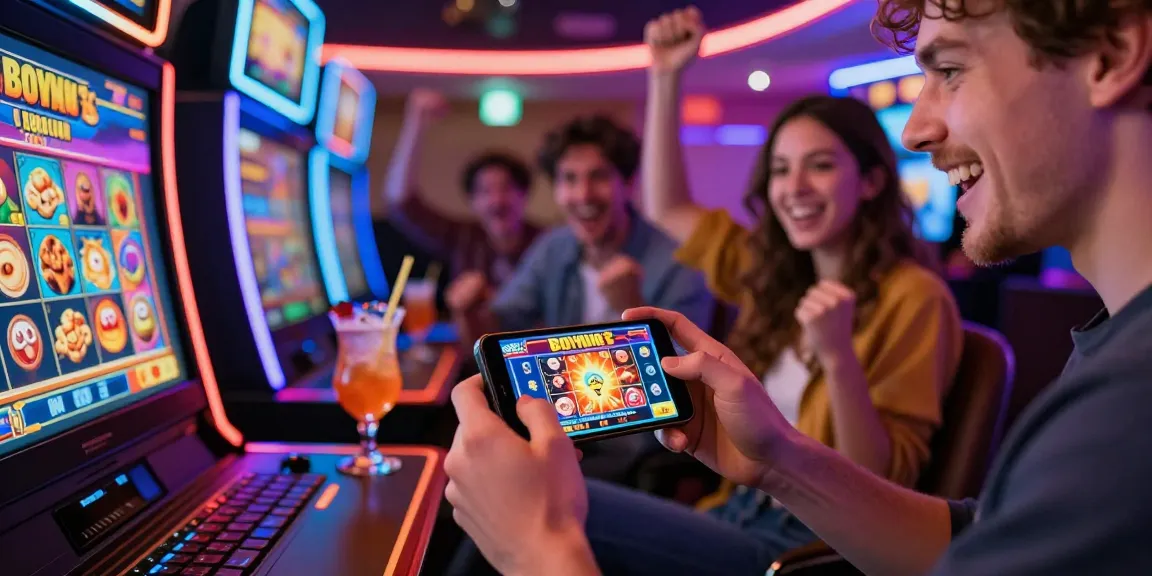 Thrilled players celebrating big wins while engaging with bonus buy slots UK in a lively casino atmosphere, showcasing vibrant screens and drinks.