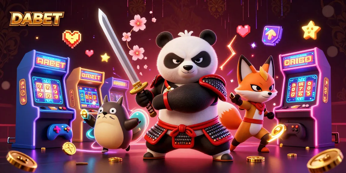 DABET promotions highlighted by a fierce samurai panda and ninja fox in a vibrant casino setting